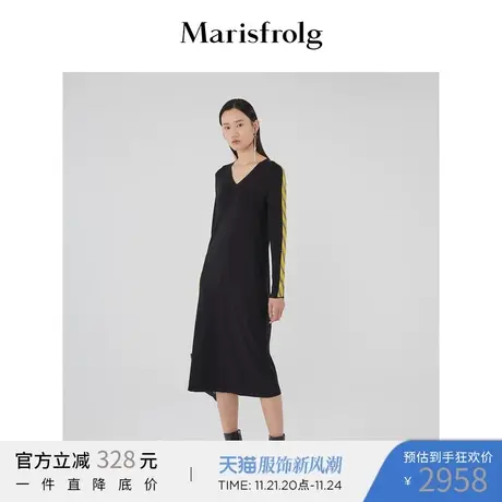 【经典搭配系列】玛丝菲尔2022秋季黑色V领撞色拼条连衣裙图片