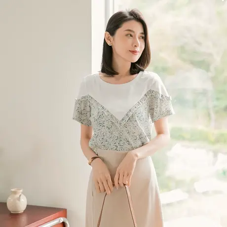 桔熊夏季通勤ol荷叶边拼接印花雪纺衫短袖宽松上衣女大码AB16994图片