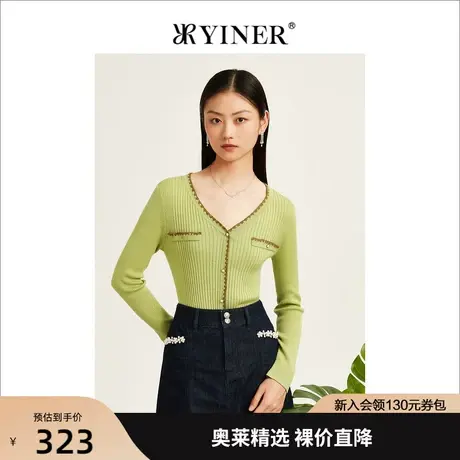 【真丝羊毛】YINER音儿专柜女装2022秋新款v领坑条开衫毛衣针织衫商品大图