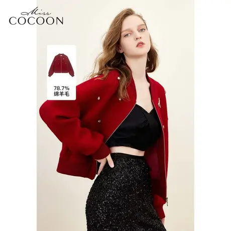 MISSCOCOON羊毛呢大衣2023秋冬新款新年战袍时尚短款红色毛呢外套商品大图