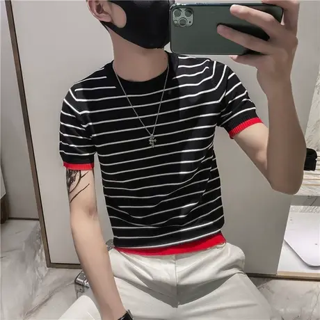秋季男毛衣针织衫线衣短袖修身半袖潮流条纹打底个性百搭拼色体恤商品大图
