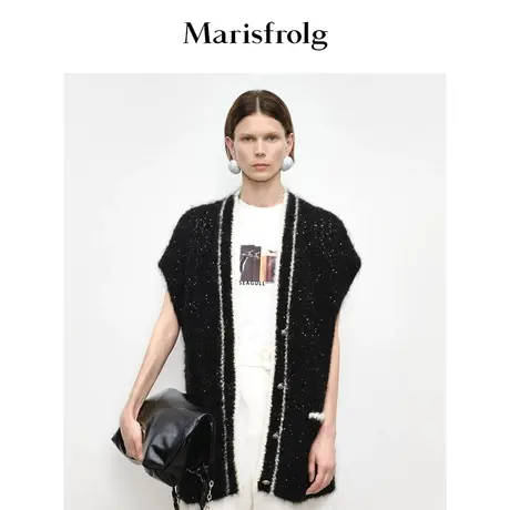 【商场同款】玛丝菲尔2023年秋季新款黑白撞色拼接小香风马甲开衫商品大图