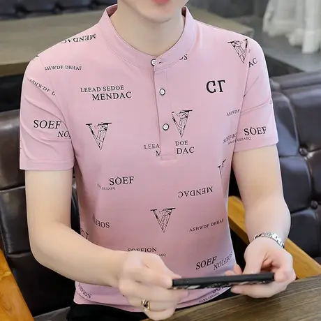 男士短袖t恤夏季韩版潮流ins立领纯棉polo衫半袖体恤印花打底衫帅商品大图