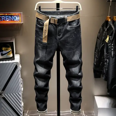 夏季款黑灰色牛仔裤男小脚男士休闲长裤子男直筒潮牌宽松韩版潮流商品大图