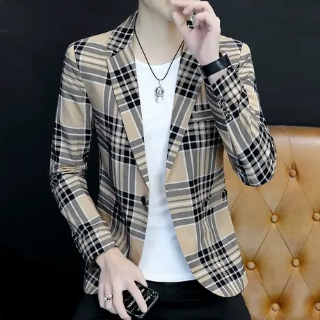 男士休闲格子西服春秋季潮流韩版2022年新款男装痞帅气男款小西装商品大图