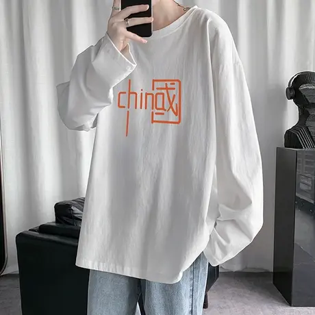 男士长袖t恤春秋季棉感2023新款宽松百搭国潮卫衣ins潮流白色打底商品大图