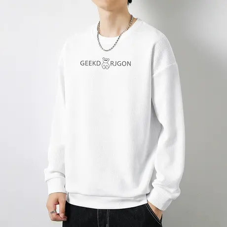 华夫格卫衣男2024新款秋冬潮流宽松小熊印花白色圆领无帽长袖t恤商品大图