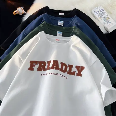 夏季薄款字母印花简约短袖t恤男纯棉潮流宽松情侣休闲圆领体恤衫商品大图