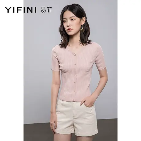 Yifini/易菲条纹v领针织衫上衣外搭女夏薄款空调衫套头短袖外套新图片