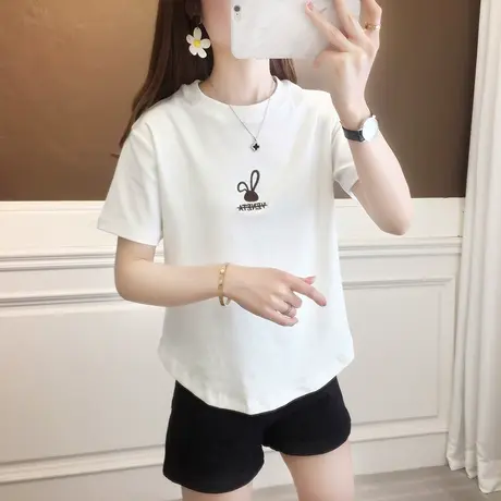 圆领正肩短袖t恤女2023新款夏季宽松白色高腰打底衫半袖上衣体恤图片