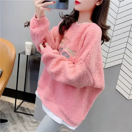 2023年新款韩版粉色宽松上衣假两件羊羔毛卫衣女秋冬加绒加厚外套商品大图