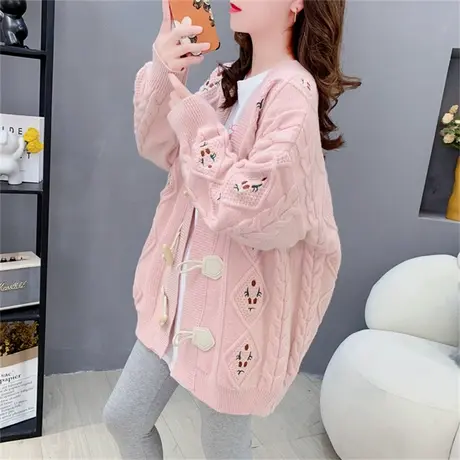 复古刺绣牛角扣毛衣外套女秋冬2023年新款宽松慵懒风学生针织开衫商品大图