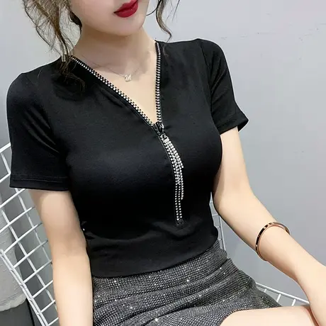女装2023新款潮性感V领拉链T恤女短袖夏显瘦洋气上衣气质百搭小衫商品大图
