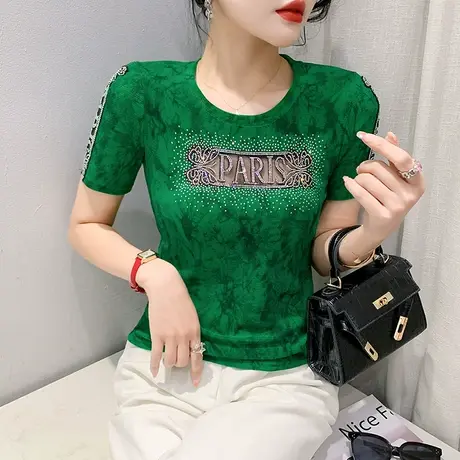 2024夏装新款网纱拼接T恤女短袖洋气性感镂空上衣印花烫钻小衫潮商品大图