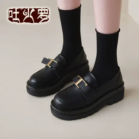 吐火罗女鞋2022新款春季英伦风小皮鞋女一脚蹬乐福鞋复古厚底单鞋商品大图