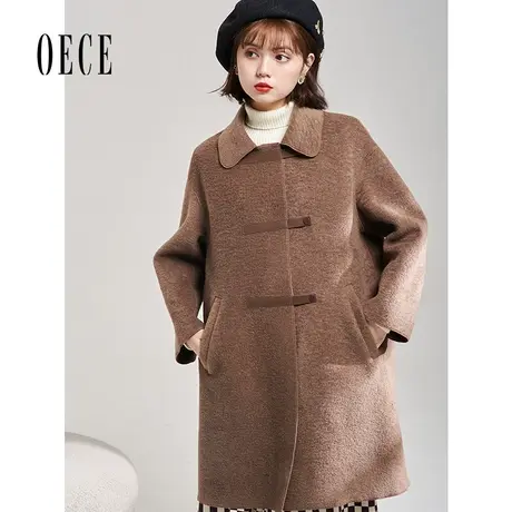 Oece复古修身呢大衣冬新款女法式中长气质毛呢外套商品大图