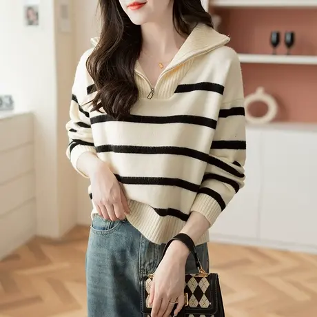 毛衣外套女小个子2024年春秋立领半拉链条纹针织衫春秋长袖短款女商品大图