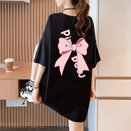 黑色纯棉短袖t恤女大码女装2023新款蝴蝶结印花宽松韩版夏季百搭商品大图