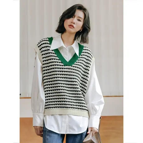 弥古法式条纹背心马甲女春秋叠穿内搭v领镂空针织衫撞色坎肩马夹图片
