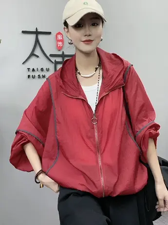 欧洲站夏装2023新款欧货连帽防晒衣夏季薄款宽松蝙蝠袖短外套女士商品大图