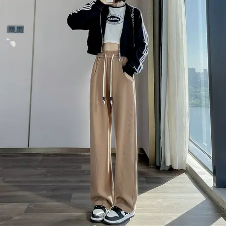 咖色阔腿运动裤女2024春季新款高腰直筒宽松显瘦小个子休闲香蕉裤商品大图