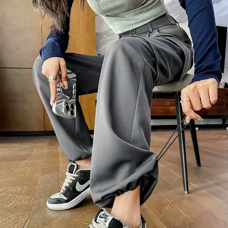美式复古灰色工装休闲裤女2024春秋新款高腰显瘦小个子西装阔腿裤商品大图