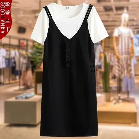 加肥加大码夏装裙子宽松洋气中年胖妈妈假两件时尚撞色短袖连衣裙商品大图