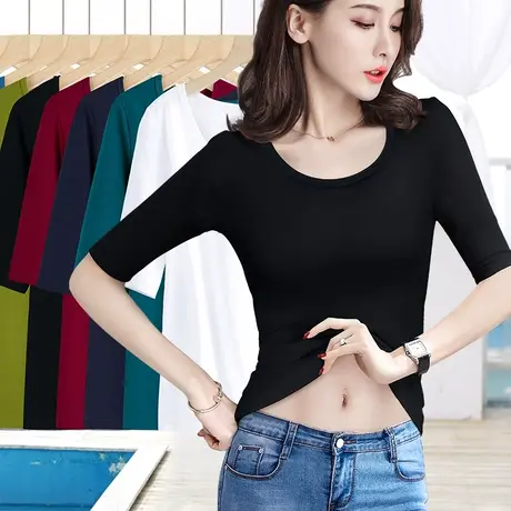 七分袖打底衫女螺纹五7半中袖内搭t恤黑色瑜伽上衣春夏款圆领小衫商品大图