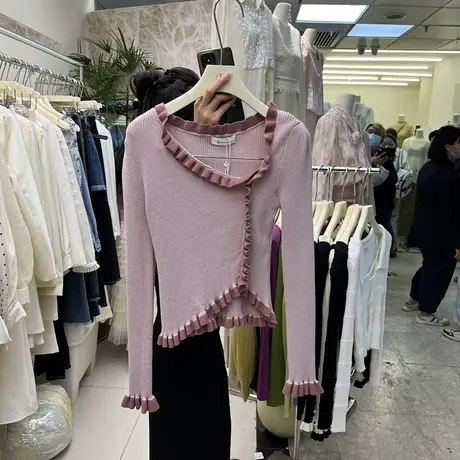 2023春季新款韩版修身显瘦百搭木耳边不规则设计感针织衫上衣女潮商品大图