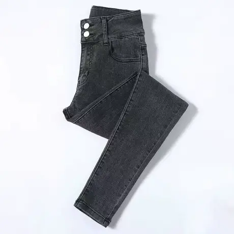 2023冬季新款黑色高腰牛仔裤女加绒加厚长裤显瘦修身一体绒小脚裤商品大图