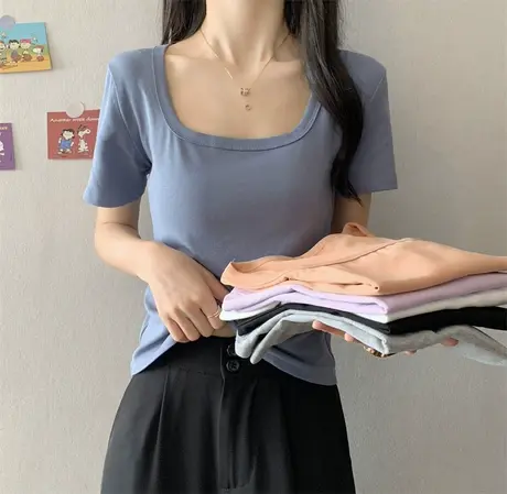 短款T恤女短袖高腰纯色上衣2023年新款夏季韩版宽松网红ins超火潮图片