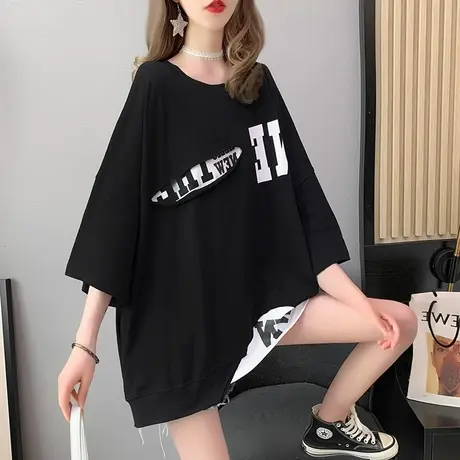 设计感小众欧货大版短袖t恤女夏季韩版宽松中长款假两件上衣服潮商品大图