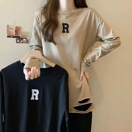 破洞下摆长袖T恤女春秋季宽松百搭显瘦纯棉中长款上衣打底衫ins潮商品大图