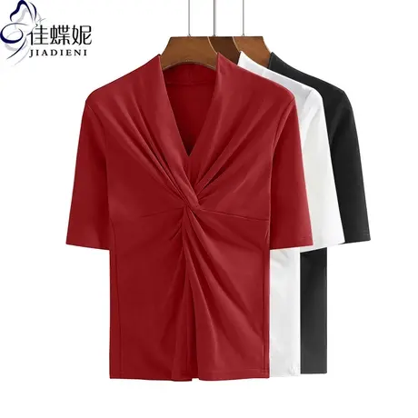 春秋新款韩版V领修身褶皱纯棉显瘦中袖体恤上衣内搭女打底衫半袖商品大图