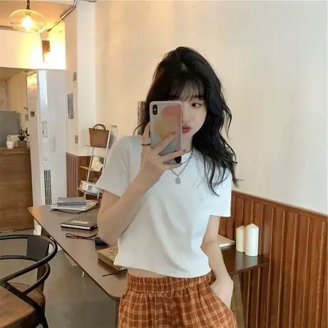 设计感小众短款白色t恤女短袖修身紧身上衣别致体恤打底衫内搭潮u图片