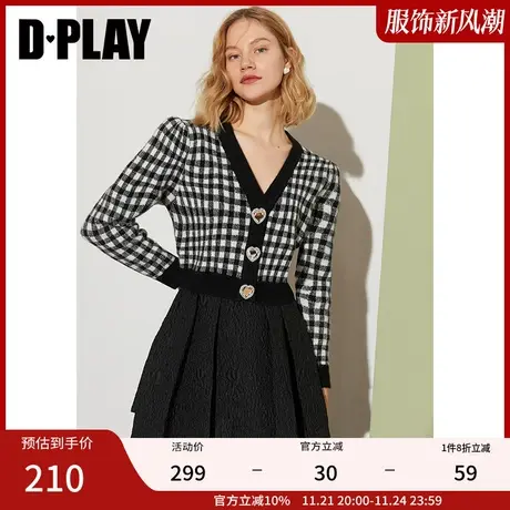DPLAY秋装新款法式复古格纹重工镶钻爱心纽扣装饰针织开衫图片