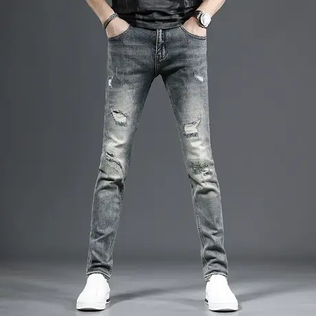 高端破洞牛仔裤男款修身小脚2023新款春夏季浅色弹力潮流帅气男裤商品大图