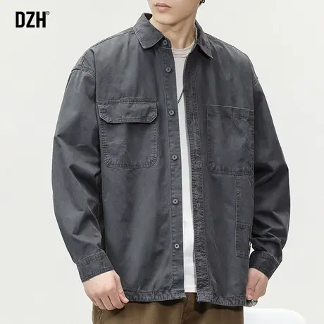 男士灰色长袖衬衫男高级感潮牌休闲衬衣外套春秋2024新款工装上衣商品大图