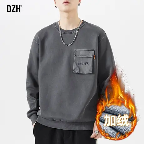 男士纯色圆领卫衣男秋冬季加绒加厚潮牌男装美式宽松外套2024新款商品大图