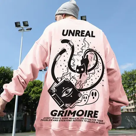 粉色卫衣男潮牌加绒宽松嘻哈套头情侣装胖子男装大码秋冬款潮流女商品大图