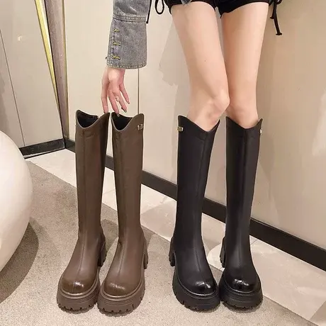 炸街ins复古长靴女2023年新款v口高跟粗跟长筒靴洋气不过膝骑士靴图片