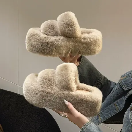 高级感高跟毛毛拖鞋女士外穿2024春秋季新款家居增高厚底毛绒棉拖商品大图