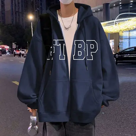 加厚加绒卫衣外套男春秋季美式潮牌oversize拉链开衫连帽宽松上衣商品大图