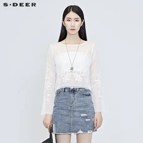 sdeer圣迪奥女装夏装复古刺绣绑带长袖雪纺衬衫S20280508图片