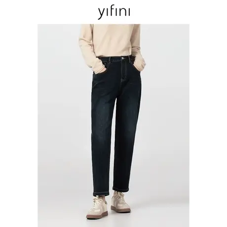 Yifini/易菲复古蓝水洗磨白保暖小脚裤女冬季新款九分牛仔裤图片