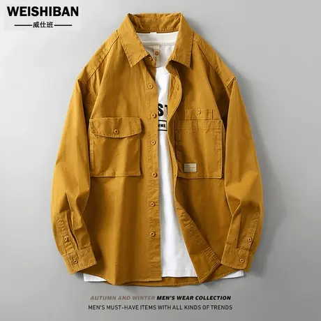 春秋季青年百搭休闲长袖衬衫男美式复古工装水洗外套纯棉猎装衬衫商品大图