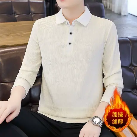 男士翻领长袖t恤秋冬高端加绒加厚卫衣树皮纹褶皱垂感打底衫商品大图