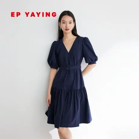 EP YAYING雅莹女装 泡泡袖V领藏青色连衣裙 2023新款4629C图片