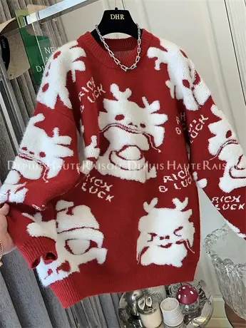 红色本命年卡通小龙毛衣加厚针织衫洋气上衣女宽松慵懒风冬季新款商品大图