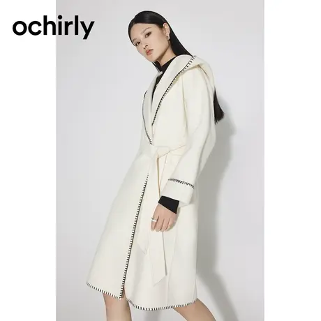 ochirly欧时力 100%纯羊毛呢大衣女 新款秋冬外套长款连帽腰带商品大图